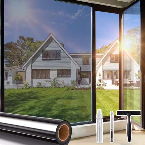 Beautysaid Window Film Privacy One Way Clear, Mirror Heat Reflective Window Security Tint Film Home, Anti Glare UV Sun Blocker Glass Door Covers, Static Cling See Out Not In (45x200cm, Silver)