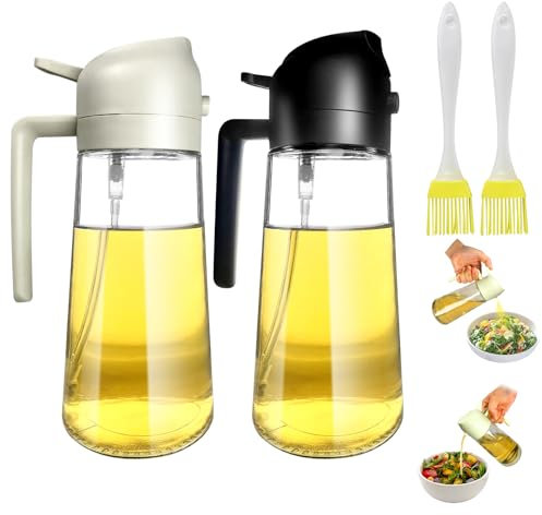 Glass Oil Spray Bottle, 2Pcs 2-in-1 Oil Sprayer for Cooking Air Fryer, 16oz/470ml Olive Oil Dispenser with Premium Nozzle, Kitchen Gadgets for BBQ, Salad (Black & White)