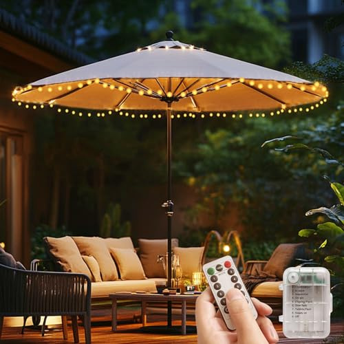 Patioman LED String Lights for Patio Umbrella - 60 Shatterproof Globe Waterproof Lights, Battery Operated with Remote Control, 8 Modes for Outdoor, Garden, Camping, Beach, Party Decoration, Warm White