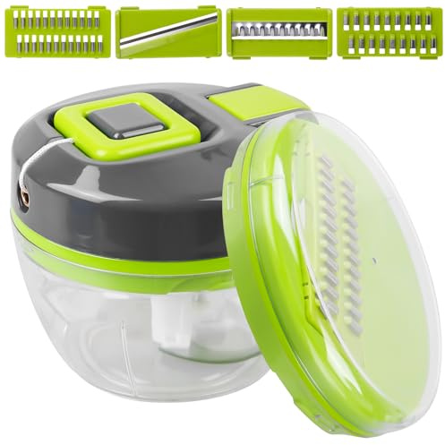 Hachoir à oignons, 6 en 1, manuel avec poulie, 520 ml, hachoir multifonction avec fouet, coupe-légumes pour oignons, ail, fruits, pommes de terre, noix, aliments pour bébés, légumes, etc.