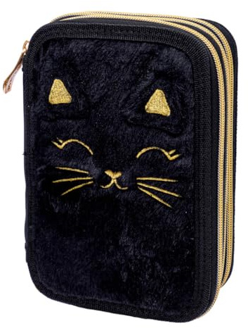 ASTRABAG 3-Fach Mäppchen Federmappe Gefüllt Jumbo Fluffy Kitty Black mit Plüsch und Ohren
