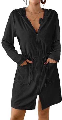 Bsubseach Terry Cloth Cover Up - kvinnor dragkedja långärmad baddräkt coverup huva badrockar med fickor