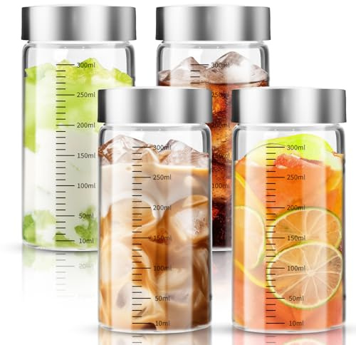 DUBUOZA 4 Bottiglie di Vetro da 300 ml con Coperchio in Acciaio Inox,Riutilizzabile,Senza BPA,per Succhi, Frullati, Caffè, Latte, Tè, Latte Vegetale e Altro Ancora.