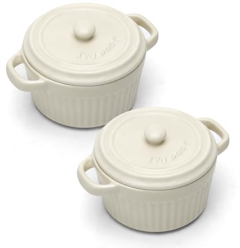 Mini cocotte con coperchio, pirofila in ceramica con manici e coperchio, stampini rotondi con coperchio per lasagne, soufflé, crème brûlée, dessert, per microonde e forno (Bianco, S-250ml-2pc)