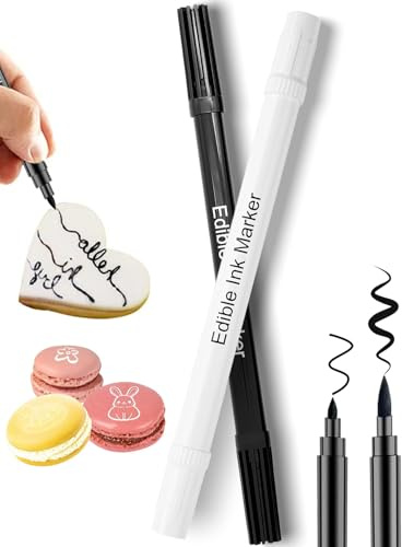 Edible Markers 2Pcs Black & White Food Grade Pens Double-Sided Fine & Thick Tips Food Pens for Cookie Decorating, Fondant, Macaron, Edible Pens for Halloween, Christmas Easter Eggs