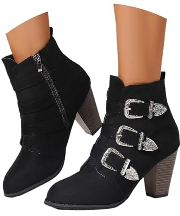 Generisch Stivaletti alla moda con tacco grosso, punta a punta, cerniera laterale, dettaglio con cinturino con fibbia per un comfort elegante