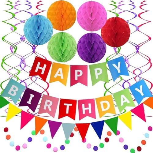 TTPSRY Set Decorazioni Festa di Compleanno Bandierine Colorate Ghirlanda Striscione Sfere Nido Ape Spirali Appese Addobbi Colorati