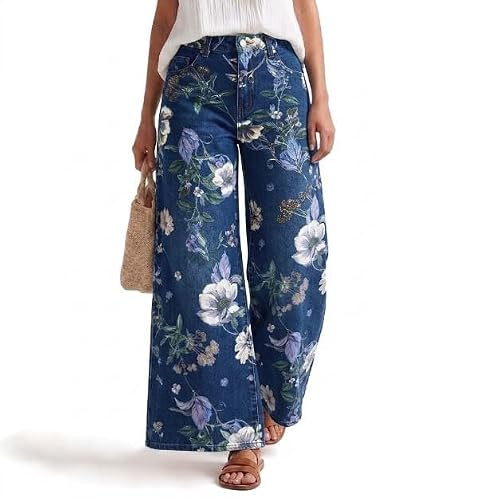 Women's Vintage Floral Printed Jeans, High Rise Wide Leg. (Dark Blue,TG)
