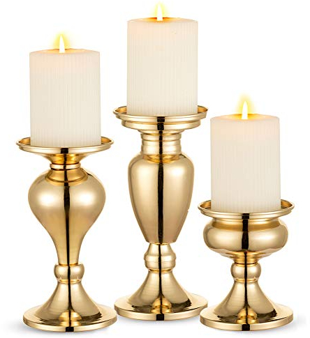 Sziqiqi Set di 3 Candelieri Candelabri Candelabro Portacandele in Nero Ferro per Soggiorno Tavolo da Pranzo Centrotavola Creativo, Oro