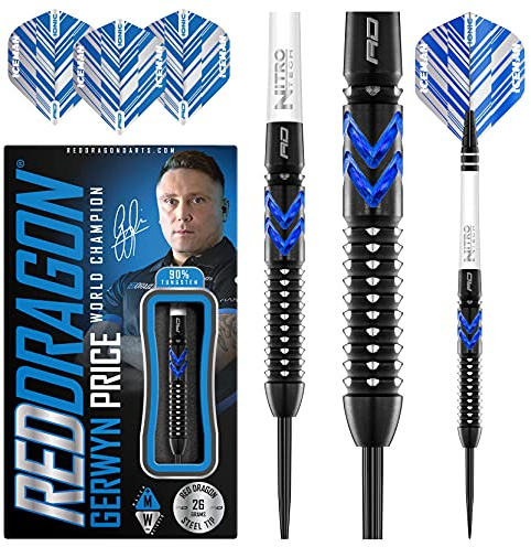 RED DRAGON Gerwyn Price Blue Ice SE 26 gram - Tungsten Professional Darts Set with Flights and Nitrotech Shafts (Stems)