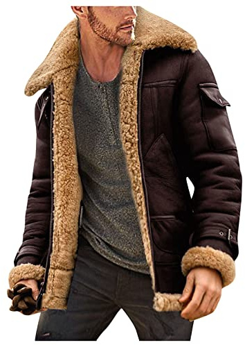 Take Idea mocka jacka herr vinter vinterjacka herr med päls hög kvalitet ståkrage läderjacka bomberjacka vinter lammskinn kappa trucker jeansjacka fältjacka militär kappa överdragare, kaffe, 5XL