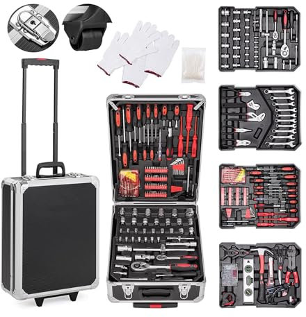 MBI - Valigetta attrezzi completa con 318 Pezzi con 4 scomparti removibili, ruote e manico, Carrello porta attrezzi 51x36x20 Cm, cassetta da lavoro fai da te