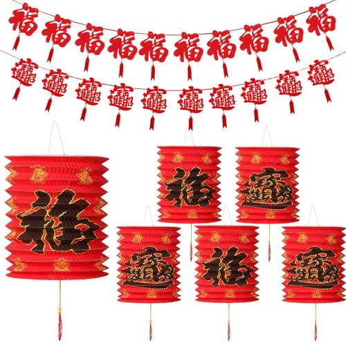 Set de 8 Pcs Lanternes en Papier Chinoises Rouges Fanions du Nouvel An Chinois 6 Lanternes en Papier Chinois 2 Bannières de Banderoles à Suspendre pour Nouvel An Chinois Fête du Printemps