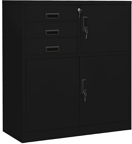 JUNZAI Büroschrank, Aktenschrank, Werkzeugschrank, Metallschrank, Stahlschrank, Kellerschrank, Universalschrank, Lagerschrank, Schwarz 90x40x102 cm Stahl