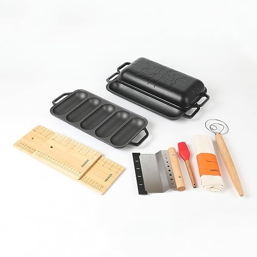 HAWOK Panadería para baguette de lron fundido presazonado, juego de hornear 3 en 1 con bandeja completa para baguette, bandeja de rollo de 5 ranuras y bandeja de tapa reversible, 15 x 6.7 pulgadas