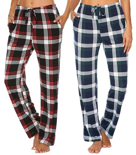 Ekouaer 2er Pyjamahose Damen Lang Schlafhose Karierte Schlafanzughose Weiche Freizeithose mit Taschen, Blaugrün M