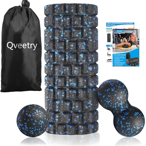 Faszienrolle Set, Qveetry 4 in 1 Faszienrolle mit Faszienball und Duoball, Massagerolle Set zum Faszien Training von Muskeln, Foam Roller für Tiefenmuskelmassage, Pilates, Yoga Sport (Schwarz-blau)