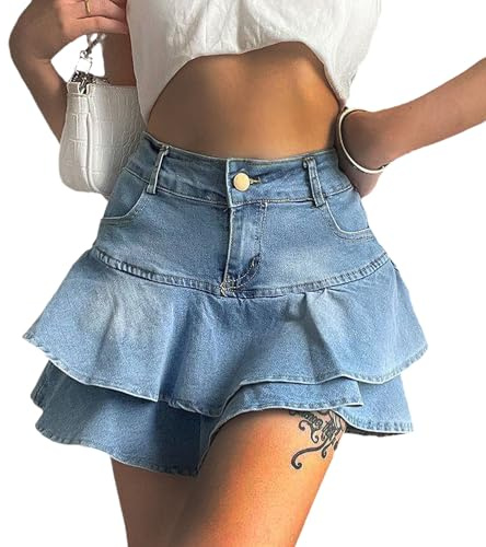 tinetill Y2K Gonna di Jeans Gonna a Pieghe da Donna Minigonna a Vita Alta Jean Gonna di Jeans a Trapezio Gonna Estiva Gonne Corte Vintage di Jeans Casual Club Cargo Punk Gotico