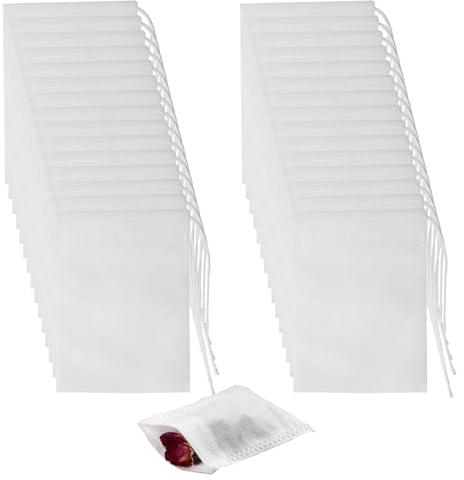 Pumuky Lot de 200 Sachets Filtre à Thé Jetables,7cm X 9 cm avec Cordon Sachet de Thé,Blanc Filtre à Thé pour Thé Parfumé, Épices,Vanille,Lavande, Café