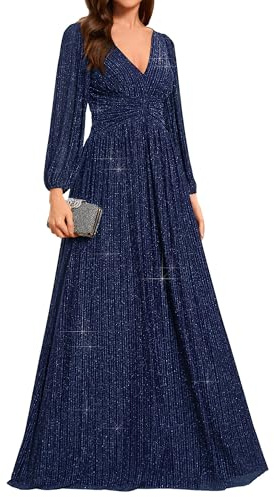 Ever-Pretty Abito da Sera Manica Lunga A-Line Scollo A V Abito Cerimonia Donna Blu Navy 48