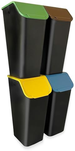 Go Practic Ensemble de 4 x 35l Poubelles de Cuisine avec Couvercle Coloré + filtres anti-odeurs, Plastique Corbeilles tri Selectif, Bacs de Recyclage Empilable, Conteneur à Déchets, Système de tri
