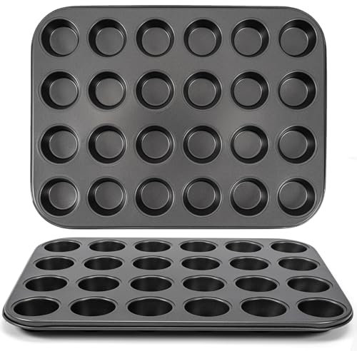 Yikki 2 Pack Mini Muffin Trays, 24 Cup Muffin Tray, Nonstick Carbon Steel Muffin Tin Cupcake Baking Tray, Deep Muffins Pan, Grey