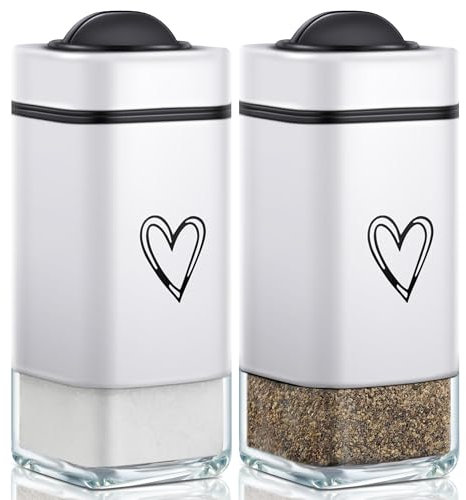 Salt and Pepper Shakers Set with Adjustable Pour Holes,Cute Heart Pattern Salt Pepper Shaker with Clear Glass Bottom,Refillable Salt Shaker Perfect for Kitchen Gadgets Cooking Table, Camp,B (White)