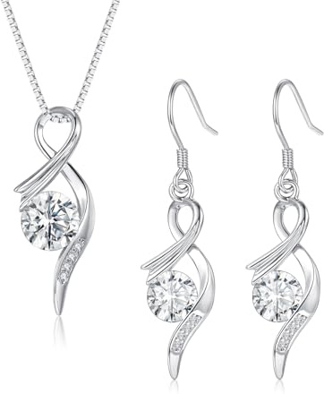 Cangall Parure de bijoux en argent sterling 925 pour femme - Collier et boucles d'oreilles pendantes avec zircone cubique - 45 + 5 cm - Avec boucles d'oreilles en argent - Cadeau d'amour pour la fête