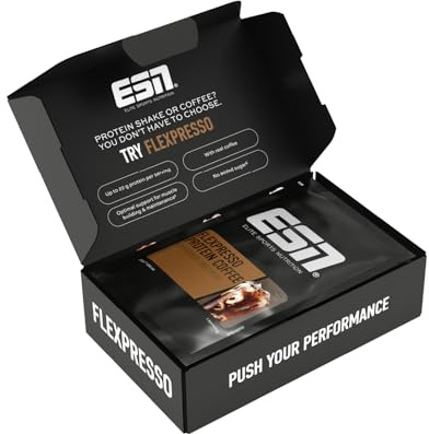 ESN Flexpresso Protein Coffee, Taster Box, 5 x 30g, Proteinpulver mit Kaffee, Protein-Kaffee mit bis zu 22g Protein je Portion - made in Germany
