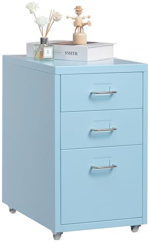 HollyHOME 3-Drawer Mobile File Cabinet Office Filing Cabinets Under Desk | Rolling Filing Organizer Metal Storage Cabinet with Casters for Home and Office,Light Blue
