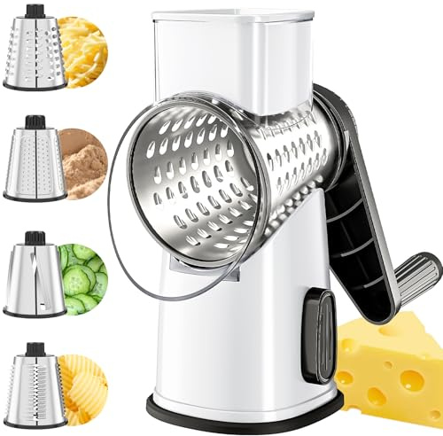 VEKAYA Cheese Grater, Cheese Grater Hand Crank, 4 Interchangeable Blades Cheese Shredder, Vegetable Slicer, Non-slip Suction Base, Easy to Clean Rotary Grater with Handle (White)