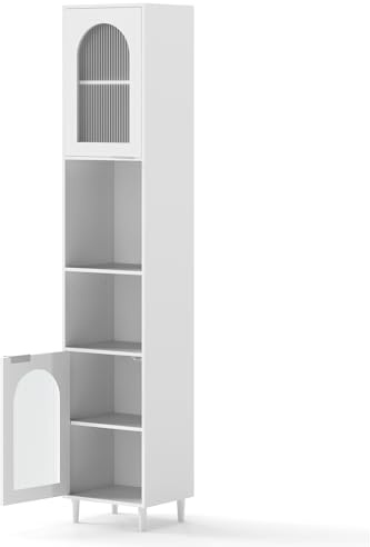 LIFEZEAL Armario Alto para Baño con Estantes Ajustables, Mueble Baño de Almacenamiento Estrecho con 2 Puertas de Vidrio y 2 Compartimentos Abiertos, Patas Elevadas, Blanco, 35 x 30 x 180 CM