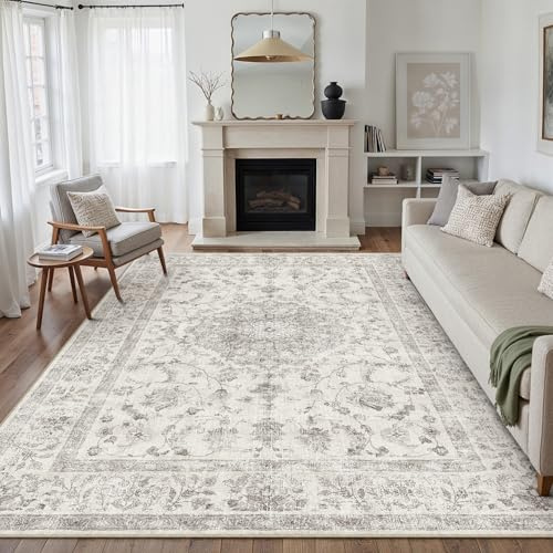 PureCozy Vardagsrumsmatta 200 x 300 cm tvättbar vintage grå matta för sovrum kort lugg halkfri mjuk bohemisk stor retro matta för kök sovrum kontor vardagsrum