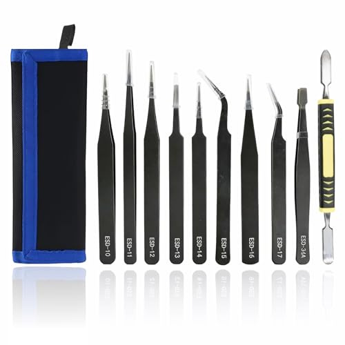 Juego de Pinzas ESD Antiestáticas de 10 Piezas, Kit de Pinzas de Precisión en Acero Inoxidable para Electrónica, Joyería, Modelismo, Laboratorio y Depilación, Estuche de Almacenamiento Incluido