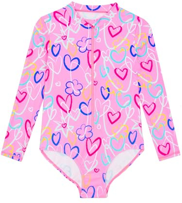 Harry Bear Maillot de Bain Fille 1 Pièce, Maillot Piscine Enfant Imprimé Cœurs, Maillot de Bain Enfant Fille Manches Longues