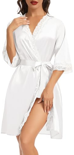 Lovasy Peignoir Satin Femme Court en Dentelle Robe de Chambre Soie Mariage Kimono Peignoir Bride Sexy Léger Col V avec Ceinture Robe de Demoiselle d'Honneur