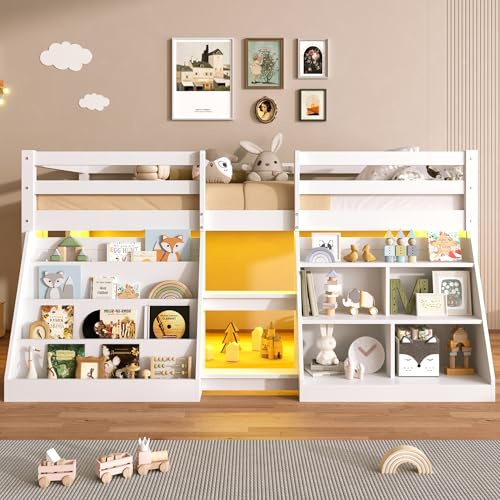 Jovify 3ft Single Wooden Storage Beds With Storage Compartments & Bookcase & LED Lighting, Solid Wood Cabin Bed Frame, Mid-Sleeper Loft Bed with Stairs and Guard Rail, For Kids Children Teens, White