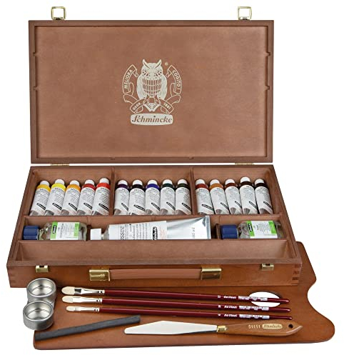 Schmincke Künstlerfarben, MUSSINI® Ölfarbe, Malkasten, Holzkasten mit 15 x 35ml Tuben, 1 x 150ml Weiß und Zubehör