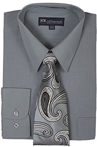 Milano Moda Men's Long Sleeve Dress Shirt With Matching Tie And Handkerchief SG21A, Charcoal, 17-17.5 Neck 34-35 Sleeve
