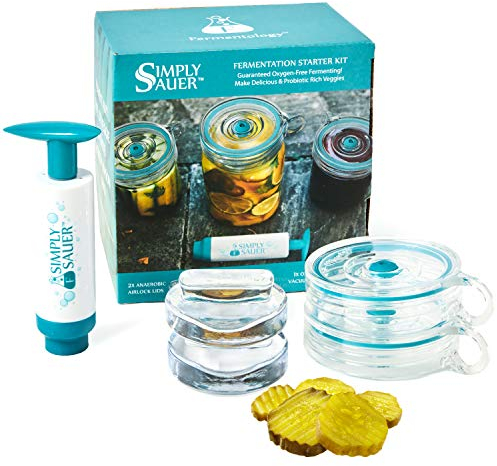 Fermentology Simply Sauer Kit de Démarrage de Fermentation - Convient aux Bocaux Mason à Large Ouverture - Comprend des Poids, des Couvercles et une Pompe