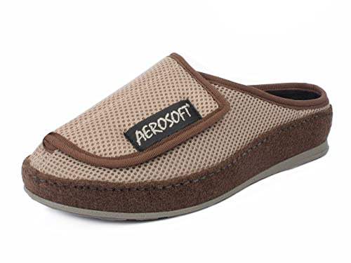 Aerosoft 6032-4P Mules med kardborrfästning, hälsoskor för män och kvinnor, idealiska som rehabiliteringsskor, bandageskor, tofflor, tryckavlastning, brungrå, 42 EU