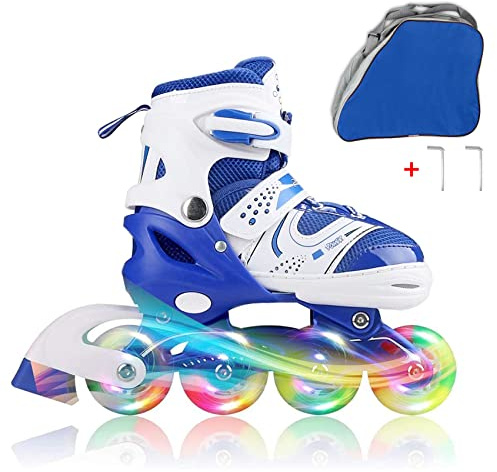 JIFAR Youth Children's Inline Skates for Kids, Adjustable Inlines Skates with Light Up Wheels for Girls Boys, Indoor&Outdoor Ice Skating Equipment Medium Size(2-5 US), Medium-blue