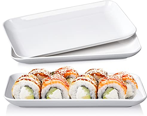DELLING 8 Inch White Rectangular Plates Set of 3 - Porcelain Serving Platters for Appetizers, Sushi, Dessert - Oven Safe Rectangle Dinner Plates for Party, Restaurant - Stackable Ceramic Dishes