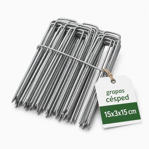 FLONATUR - Grapas para Césped Artificial - 25 Piquetas - Camping Suelo Duro - Clavos Jardín - Anclaje Suelo con Arandelas - Metal Galvanizado en Caliente - Diámetro 3mm - Medida 15x3x15cm