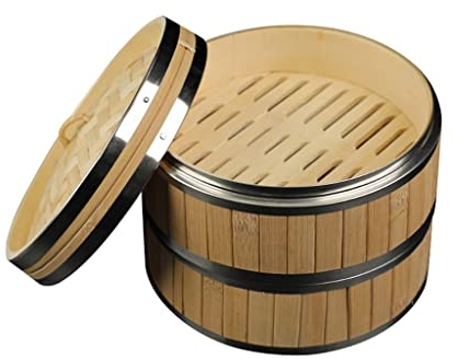 PIAOLING Cesta de Vapor de bambú, vaporera de Alimentos de 3 Niveles con Tapa, vaporera China Redonda, vaporera de Bolas de Masa hervida de bambú Natural