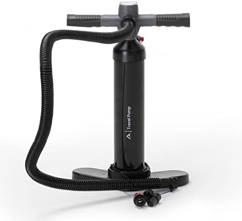 qeedo Travel Pump, Luftpumpe leicht, kompakt, Standluftpumpe Camping mit Druckmesser bis 2 Bar, Verschiedene Adapter, einfache Handhabung