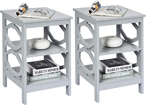 COSTWAY Nachttisch 3 Ebenen, 2er Set Beistelltisch Nachtschrank, Sofatisch Couchtisch für Schlafzimmer, Wohnzimmer 40x40x61cm (OO-förmig, Grau)