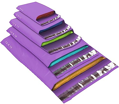 50 Mixed Size Purple Mailing Bags, Purple 5 Sizes Self Seal Strong Waterproof Poly Plastic Envelopes for Parcels, Packaging, Small, Medium, Large Mail, Shipping Courier Delivery Bags