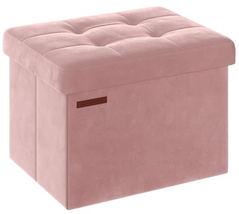 SONGMICS Puff Almacenaje, Banco de Almacenamiento de Terciopelo Plegable, Taburete Reposapiés, 31 x 41 cm, Carga de 130 kg, para Entrada, Sala de Estar, Dormitorio, Rosa Jalea LSF200R01