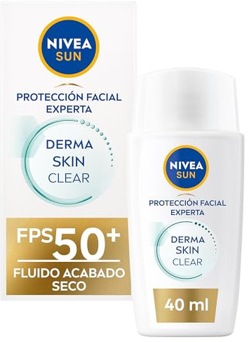 NIVEA SUN - Derma Skin Clear - Fluido Acabado Seco SPF 50+ - Crema solar facial 50 - Licocalcón A y Niacinamida - Protección Solar Anti Imperfecciones y Anti Brillos - Piel Normal y Grasa - 40 ml